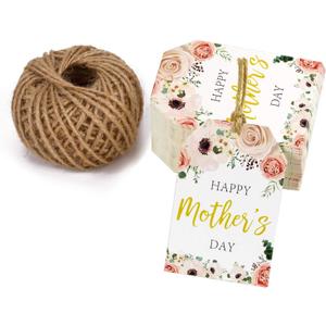 WRAPAHOLIC Gift Tags with String - 100PCS Happy Mother's Day Boho Floral Design Paper Tags with 100 Feet Natural Jute Twine for Mother' Day, Party Favors