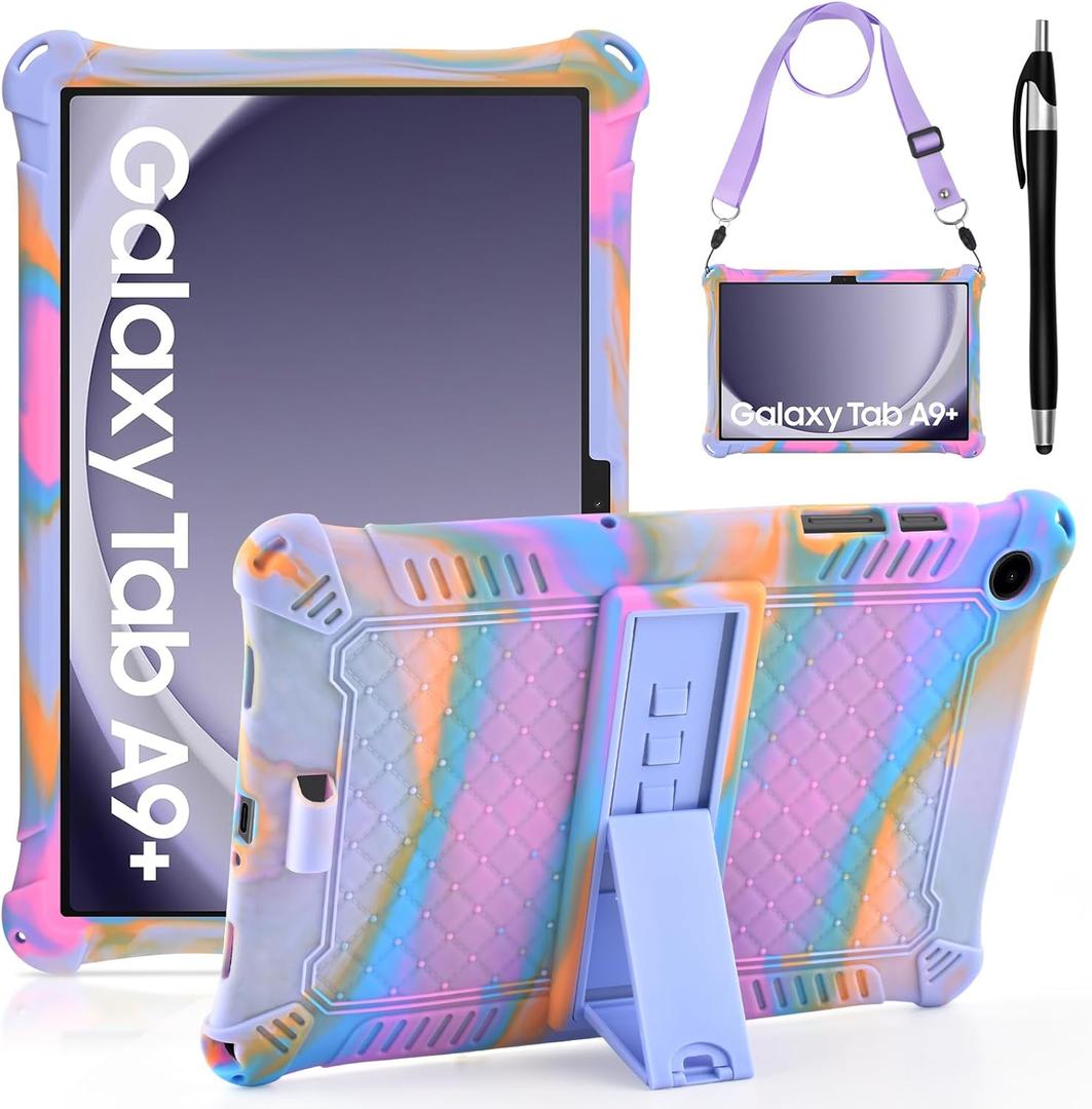 DETUOSI Compatible with Samsung Galaxy Tab A9 Plus Case 11 inch 2023, with Shoulder Strap & Stylus Pen, Soft Silicone Multi-Angle Case for Galaxy Tab A9+ Tablet SM-X210/X216/X218, Rose Red & Purple