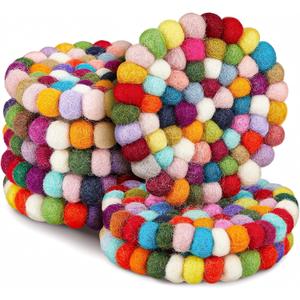 Tessco for you 8 Pcs Round Felt Ball Coasters Cute Table Coasters Wool Absorbent Handmade Felt White & Colorful Christmas Coaster for Drinks Office Home Bar Decor (Rainbow)