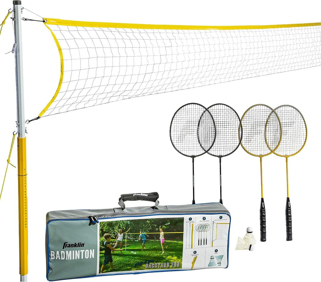 Franklin Sports Badminton Net Sets - Outdoor Backyard + Beach Badminton Net + Equipment Set - (4) Rackets + (2) Birdies + Portable Net Included - Adults + Kids Set, 20' x 1.5'