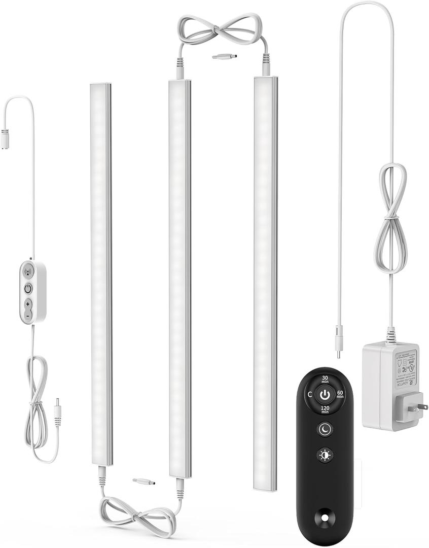 Remote Control Under Cabinet Led Light Plug in, Dimmable Daylight White 4500K, 3 Pack 12 inch Linkable Under Counter Lights for Kitchen Upgrade ETL Listed Plug 24V, UNO-LK 4500K