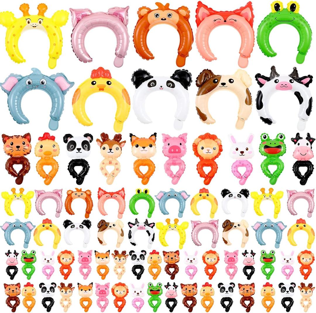 Libima 200 Pcs Zoo Animal Inflatable Party Set, Inflatable Headbands & Wrist Balloons with Manual Air Pump, Cartoon Animal Decor for Kids Birthday, Carnival, Christmas, School Classroom Activities