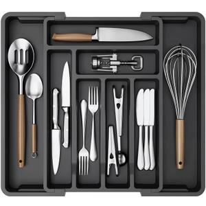 AMADA HOMEFURNISHING Expandable Silverware Drawer Organizer, Adjustable Utensil Tray For Kitchen Storage, BPA-Free Cutlery Holder for Spoons, Forks and Knives, Easy to Clean and Wash (Black)