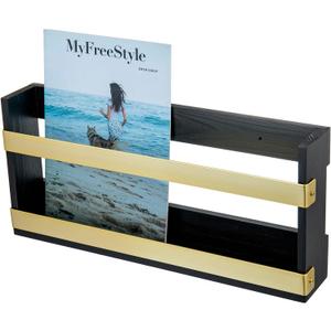 MyGift Black Solid Wood and Brass Metal Magazine Display Rack, Wall Mountable Double Wide Book Holder or Standing Organizer Black
