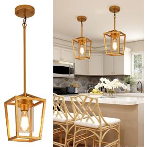 SGLfarmty 1-Light Gold Pendant Light, Farmhouse Cage Pendant Lighting Fixture for Kitchen Island, Lantern Pendant Lights Brass Finish with Glass, Modern Geometric Hanging Light for Foyer, Entryway