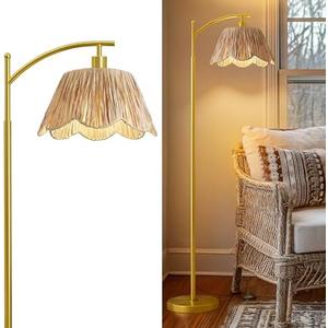 Oneach Arc Floor Lamp for Living Room,Rattan Boho Floor Lamp with Hand-Woven Wicker Shade, Foot Switch,Gold Metal Base & Pole,Farmhouse Standing Lamp for Bedroom Corner,Reading