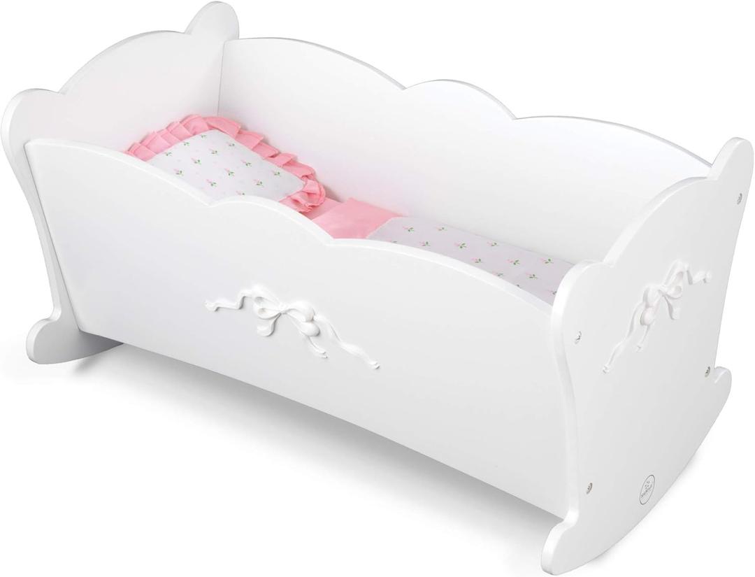 KidKraft Tiffany Bow Scalloped-Edge Wooden Lil Doll Rocking Cradle with Comforter, Pad and Pillow - White, Gift for Ages 3+ (Pink)