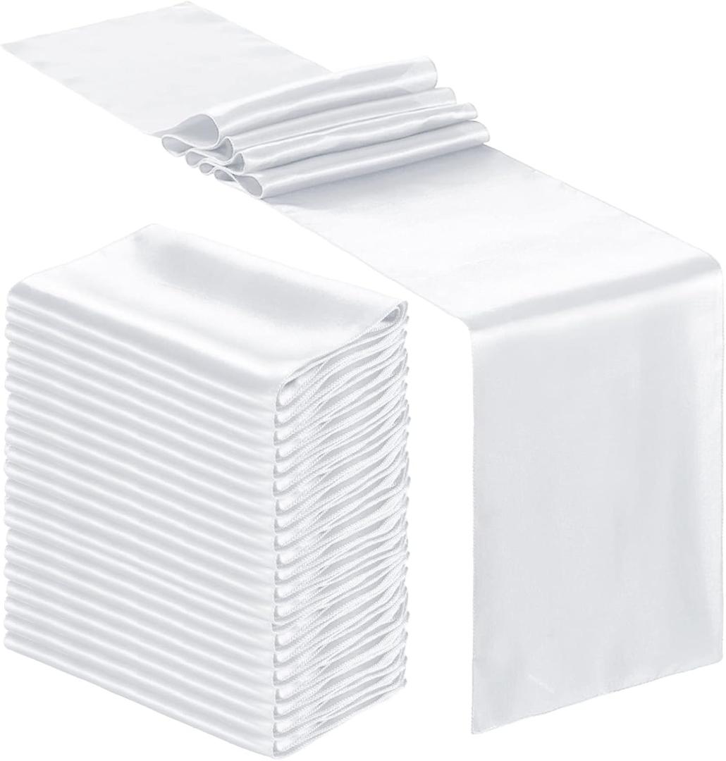 Bencailor 24 Pcs Satin Table Runner Bulk 12 x 108 Inches Long Table Runners Bright Smooth Fabric Tablecloth for Wedding Banquet Birthday Holiday Graduation Party Decorations (White)