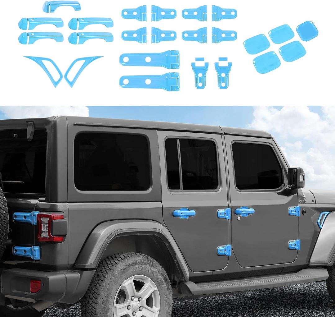 JeCar Exterior Trim Kits Door & Hood Hinge Covers Door Handle Side Vent Tailgate Hinge Trim Covers Exterior Accessories Compatible with Jeep Wrangler JL JLU 2018-2023 2/4 Doors, Light Blue
