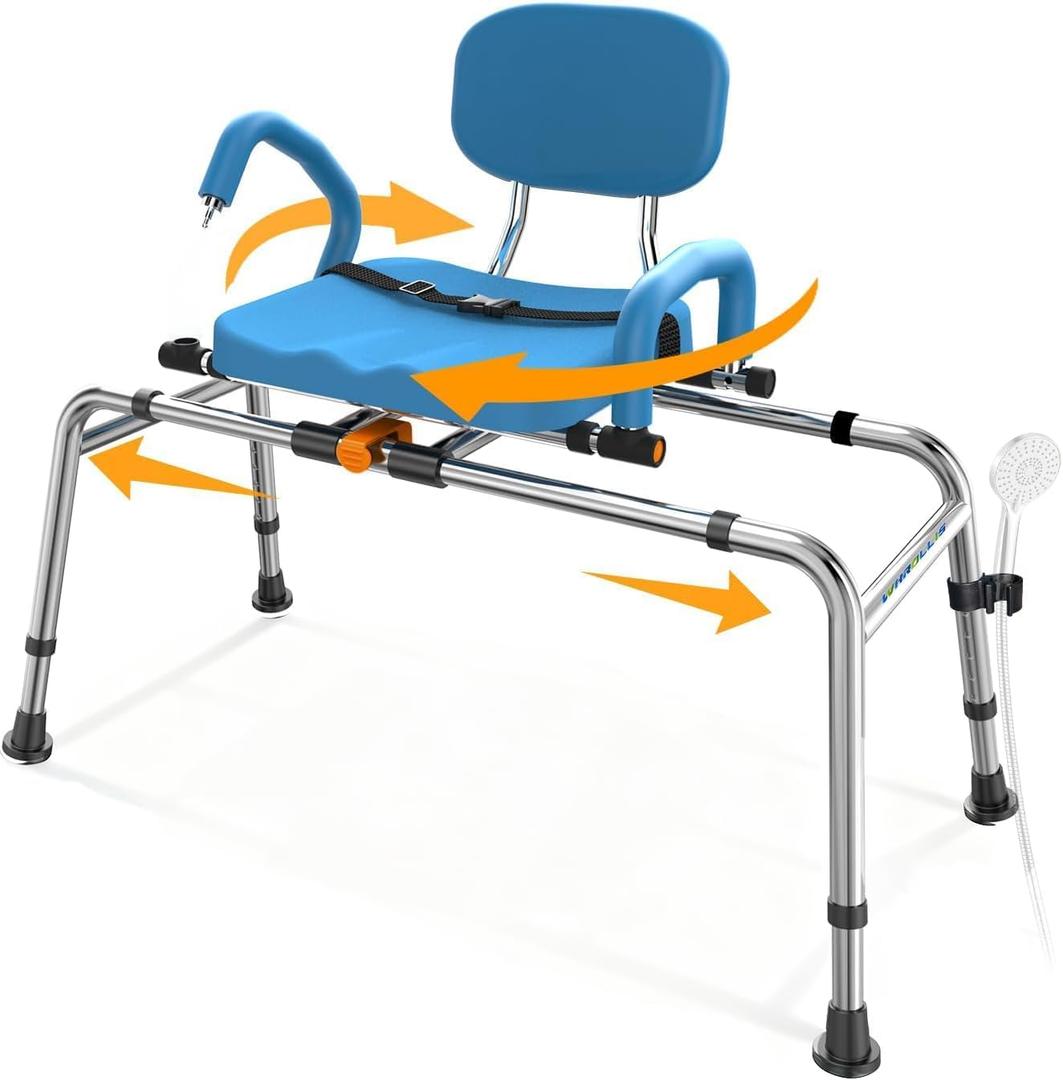 Sliding Shower Chair with Swivel Seat for Tub 450lbs Bariatric 360 Rotating Bathtub Transfer Bench Inside Shower, Adjustable Height & Width Bath Chairs for Adults Seniors Elderly and Disabled