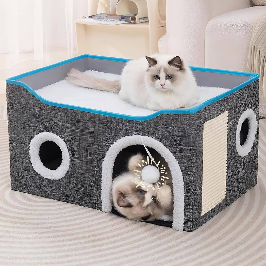 Foldable cat Bed, Cat Beds for Indoor Cats, Large Cat Cave for Pet Cat House with Fluffy Ball Hanging and Scratch Pad, Providing Entertainment for Cats (Grey, Double)