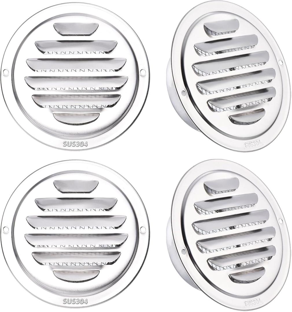 PATIKIL 304 Stainless Steel Air Vents, 3 Inch, 4pcs Round Louver Grille Vent Cover, Screen Mesh Soffit Air Outlet for Wall Ceiling Floor Ventilation