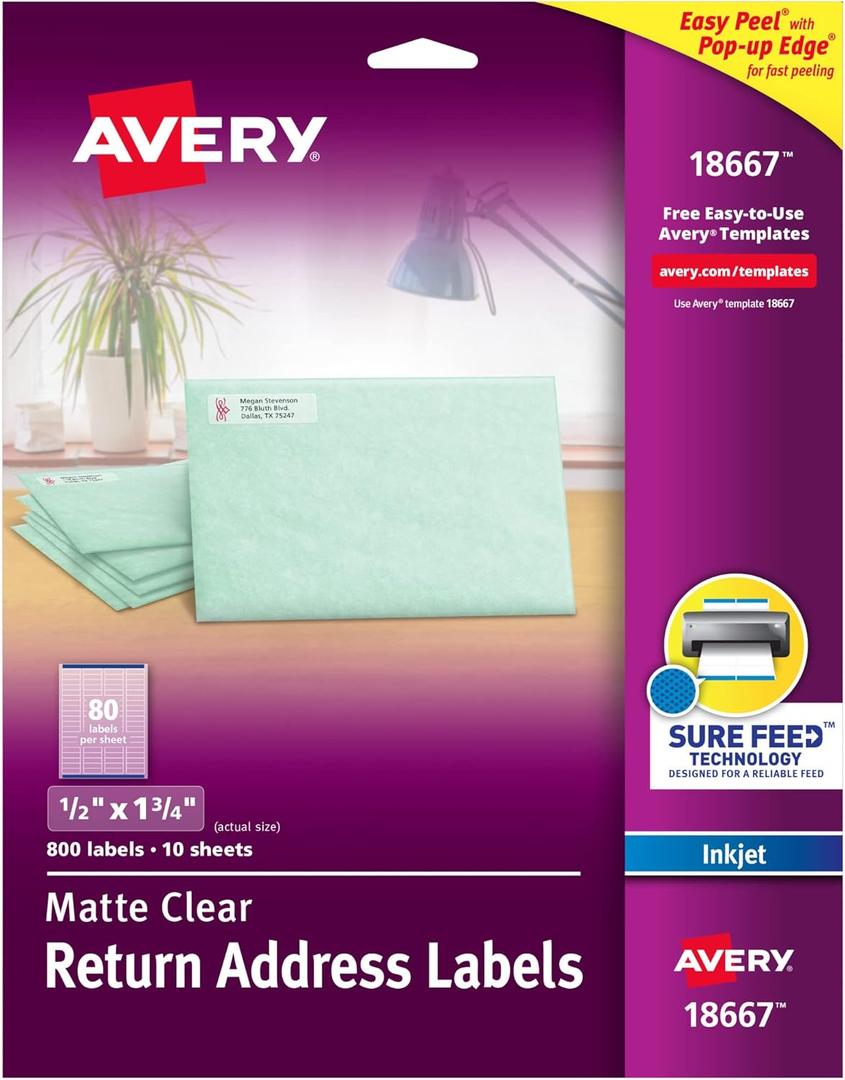 Avery Printable Return Address Labels with Sure Feed, 0.5" x 1.75", Matte Clear, 800 Blank Mailing Labels (18667)