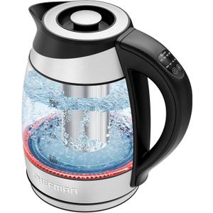 Chefman Electric Kettle with Temperature Control, 5 Presets LED Indicator Lights, Removable Tea Infuser, Glass Tea Kettle & Hot Water Boiler, 360 Swivel Base, BPA Free, Stainless Steel, 1.8 Liters