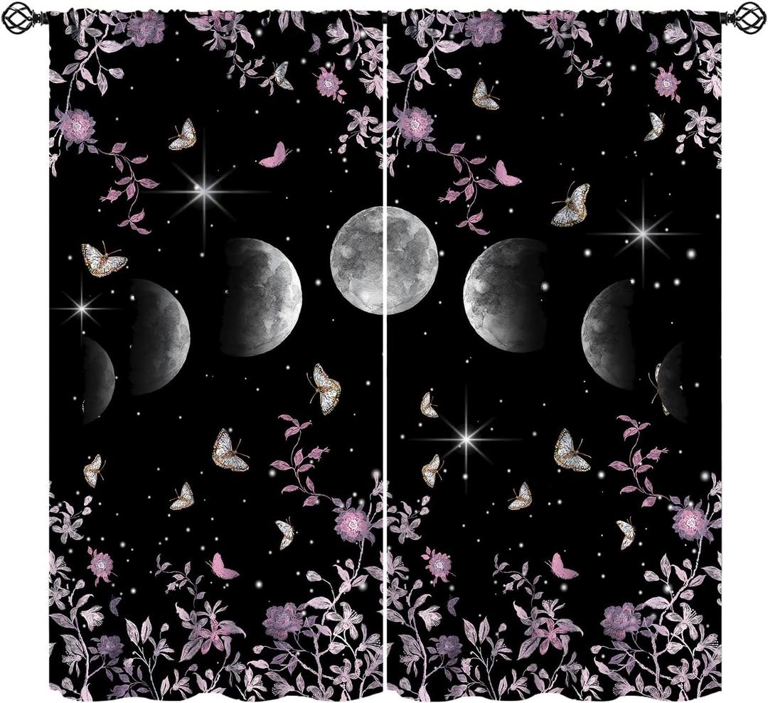 Moon Phase Moonlit Curtains, Gothic Witchy Pink Wild Roses Butterfly Vines Bohemian Moonlit Mysticism Design Window Curtains for Living Room Bedroom, 42x45 Inch (No Blackout)