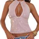 MakeMeChic Women's Sequin Open Back Halter Top Sparkly Cut Out Party Club Crop Tops (Pink, XS)