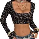 RoseSeek Women's Cheetah Graphic Tees Ribbed Knit Crop Tops Long Sleeve T Shirts (M)
