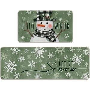 Hello Winter Snowman Green Kitchen Rugs Set of 2, Let It Snow Snowflake Kitchen Mats Decor, Christmas Seasonal Floor Door Mat Home Decorations - 17x29 and 17x47 Inch