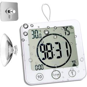 Waterproof Bathroom Wall Clock and Timer, Digital Water Resistant Hanging Timer for Shower, Large Display Kitchen Cooking Countdown Timers, Mirror Suction Clock with Temperature Humidity Meter (White)