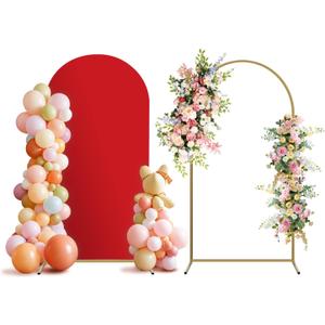 Arch Backdrop Stand and Cover Set, Metal Balloon Arch Backdrop 6.6ft, Gold Arched Stand Frame for Wedding, Parties, Birthday, Backdrop Decorations (Red, 6.6ft)