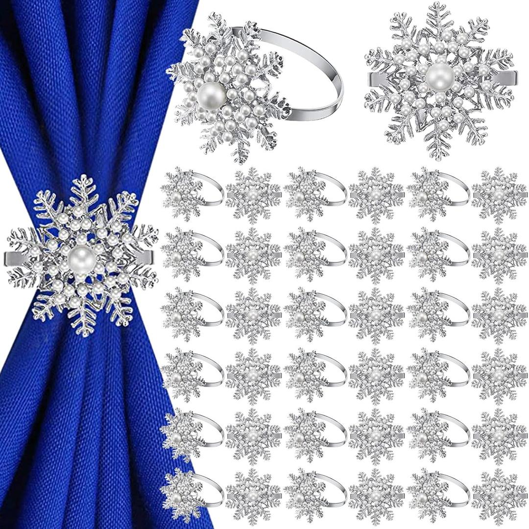Patelai 6 Pieces Snowflake Napkin Rings Christmas Silver Pearl Xmas Napkin Ring Holder Buckle Set Metal Alloy Flower Buckle for Christmas Wedding Thanksgiving Dinner