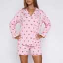 Women 2 Piece Pajamas Set Button up Long Sleeve Shirt and Shorts Lounge Set (M)