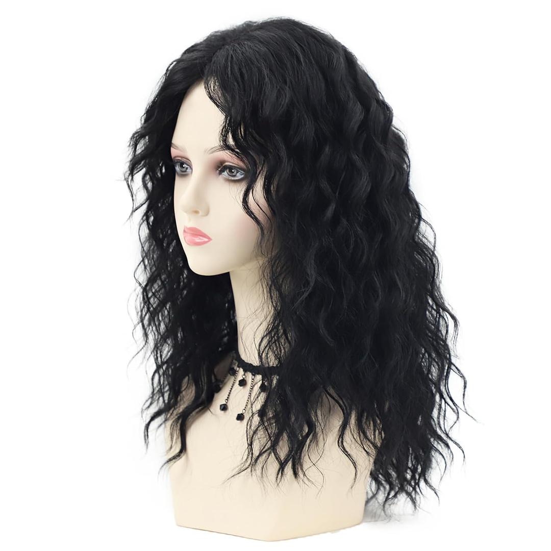 SEVENCOLORS Long Black Wavy Wigs for Women Natural Soft Hair Black Wig with Bangs Synthetic Fluffy Curly Wigs for Daily Party Cosplay