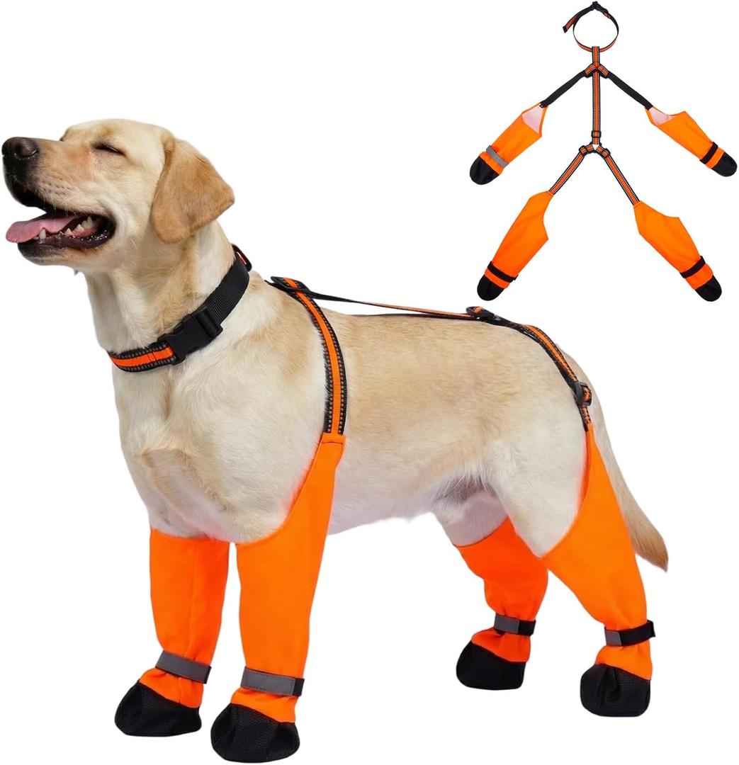 All-Weather Dog Boots with Suspenders  Waterproof, Reflective Shoes Pants, Anti-Skid & Dirt-Proof Paw Protectors for Snowy & Rainy Outdoor Walking, Hiking & Running, Orange, Size 2XL