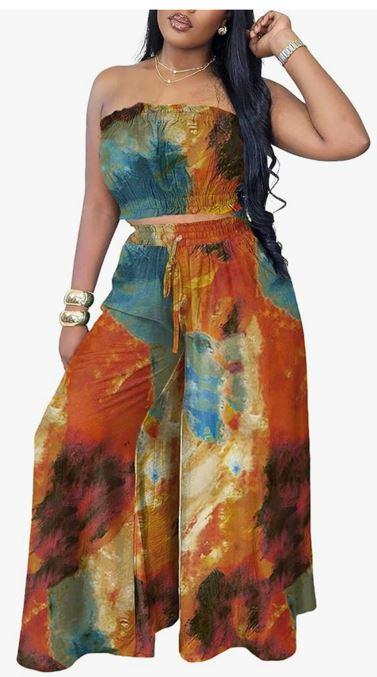 Two Piece Sets for Women Summer Outfits Crop Tops and Wide Leg Pants Sets Sexy Jumpsuits Vacation Outfits with Pockets Size L