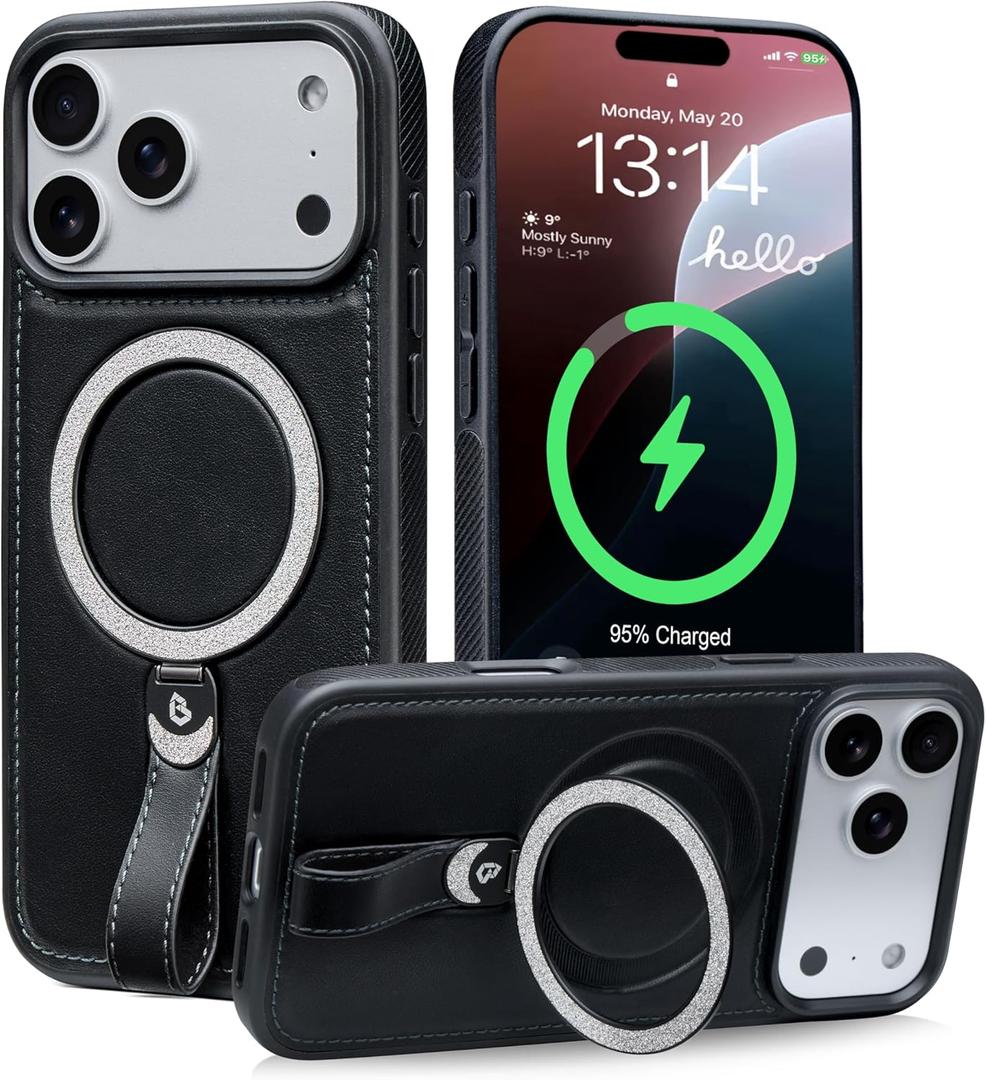 for iPhone 17 Pro Leather Case with Glitter Sparkly Shiny Stand | Fits for MagSafe (Black, iPhone 17 Pro)