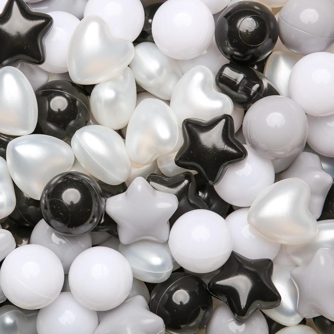 GOGOSO Ball Pit Balls,Plastics Balls for Ball Pit, Stars Hearts Shape for PastelBall for Toddlers Kids, Color: Black Gray White Star+Heart Balls