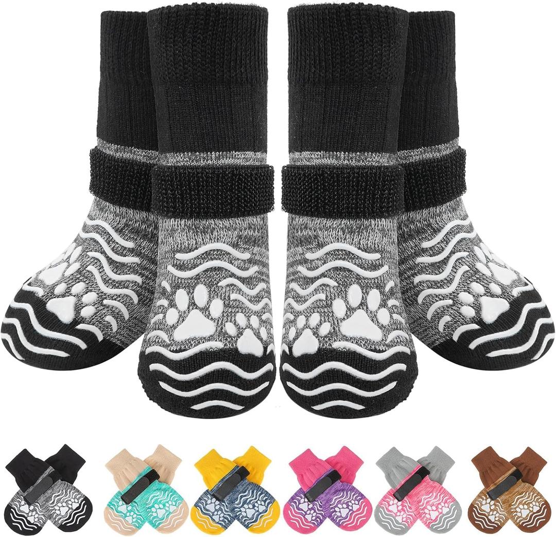 PUPTECK Anti Slip Dog Socks, Shoes with Grippers to Prevent Licking Hardwood Floors Traction, Rubber Boots & Paw Protectors for Small Medium Large Dogs Cold/Hot Pavement, Senior Dogs Booties Grey (X-Small (2 Pair))