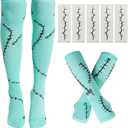 Scar Arm Sleeves and High Thigh Socks with 5Pcs Scars Tattoo Stickers Women Costume Accessories (Light Blue)
