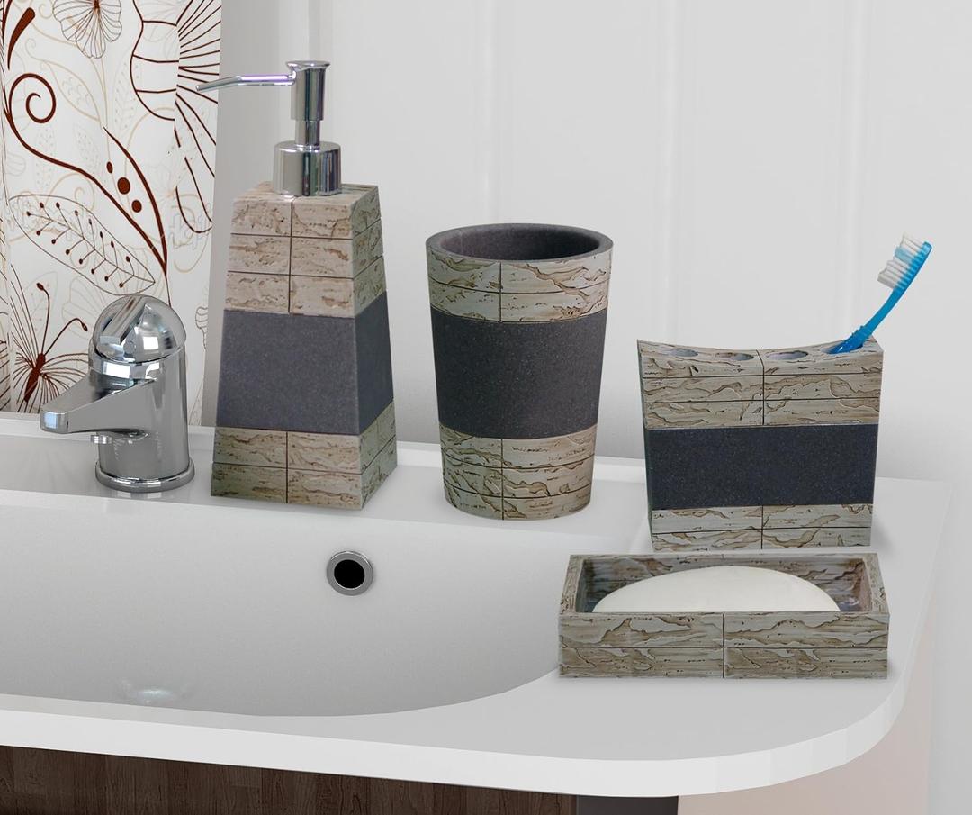nu steel Rustic (Set of 4) Bath Accessory Set in Real Cement and Stone: Includes Soap Dish, Toothbrush Holder, Tumbler, Soap/ Lotion Dispenser