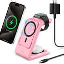 Smtcsl 3 in 1 Wireless Charging Station: 5000mAh Removable Power Bank Charger Stand for Phone/Watch/Air Pods - Portable Magnetic Battery Pack for Air 17 16 15 14 13 12 Series Pink
