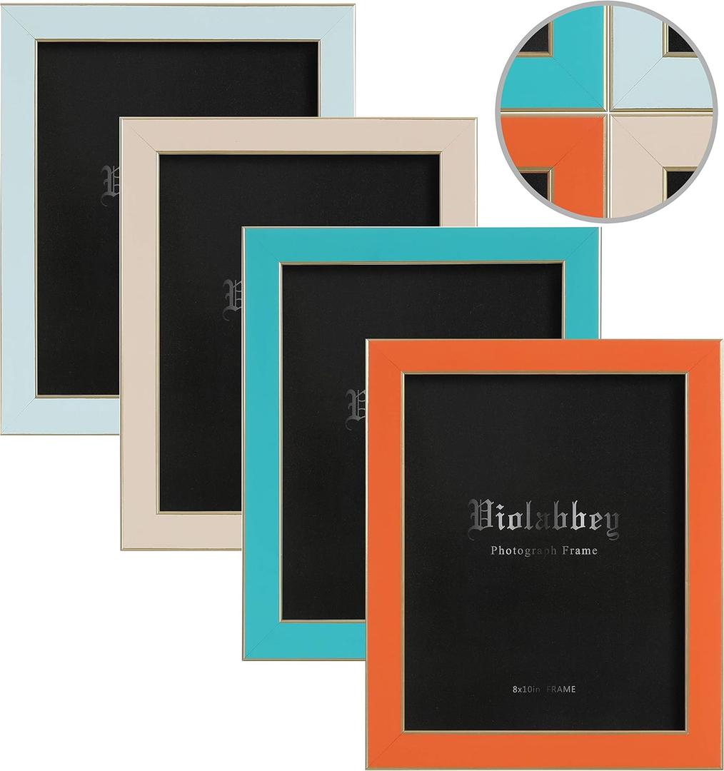 VIOLABBEY 8x10 Picture Frames Set of 4, Colorful Photo Frame of Modern Style, High Definition Tempered Real Glass, Wall mounted or Tabletop Display (Blue+light blue+orange+apricot)