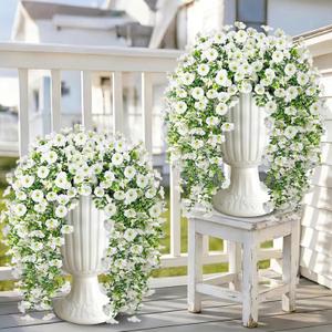 Artificial Hanging Flowers for Outdoors, 4 PCS 600 Blooms UV Resistant Morning Glory Faux Silk Vines, No-Odor Realistic Fake Plants for Garden Planter Porch Patio Decoration, White