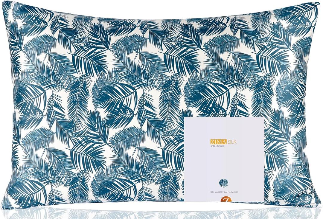 ZIMASILK 100% Pure Mulberry Silk Pillowcase for Hair and Skin Health,Both Sides 19 Momme Silk Floral Print,1pc (Queen 20''x30'',Blue Leaves)