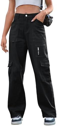 IVIR Cargo Pants Women High Waist Wide Leg Casual Pants with 7 Pockets Stretchy Drawstring Baggy Y2K Trousers, S