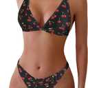 ZAFUL Women's 2 Piece Floral Print Swimsuit Triangle String High Cut Bikini Sets Bathing Suit (Large, 1-red Cherry)