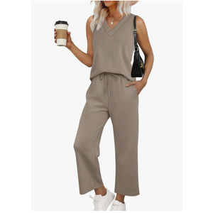 WIHOLL Two Piece Sets for Women Summer Outfits Matching Lounge Sets Wide Leg Crop Pants Vacation Travel L, Brown