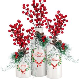 Eaasty Christmas Ceramic Vase Xmas Flower Vase Ornament for Table Centerpieces 3 Piece Flocked with Mixed and 12 Pcs Artificial Red Berry Stems Farmhouse Indoor Decoration for Holiday Dining Tabletop