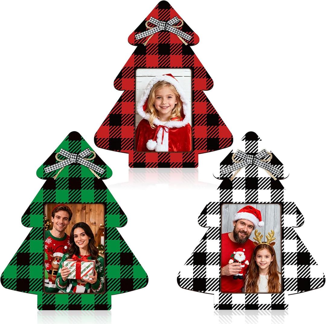 3 Pcs Christmas Picture Frame 4 x 6 Tabletop Wooden Xmas Tree Plaid Photo Table Frames Merry Christmas Decorative Wood Display for Home Winter Party Decoration Indoor Holiday Gift Office Desk Shelf