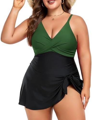 MFAVIP Women Plus Size Swim Dress Tummy Control One Piece Swimsuit V Neck Wrap Full Coverage Bathing Suit Cute Tie Knot, XL