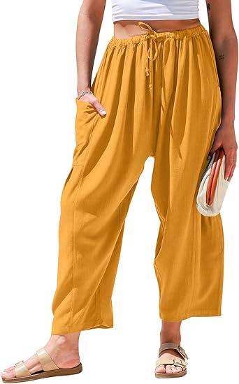 TARSE Womens Linen Wide Leg Pants Casual Loose Drawstring Low Waist Beach Palazzo Harem Pants with Pockets(Yellow, L)