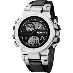 LN LENQIN Mens Watches Digital Military Watch for Men Stopwatch Army Survival Tactical Sports Outdoor Big Face Waterproof Men's Wrist Watches with LED Backlight/Timer/Alarm/Date (Black Gray Silver)