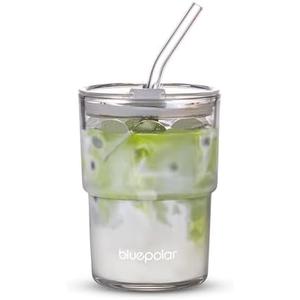 BLUEPOLAR 13oz/400ml Glass Water Tumbler with Straw and Lid Sealed Carry On Thick Wall Iced Coffee Cup Glass Cup for Water, Iced Tea Fruit Juice Etc (Aurora White)