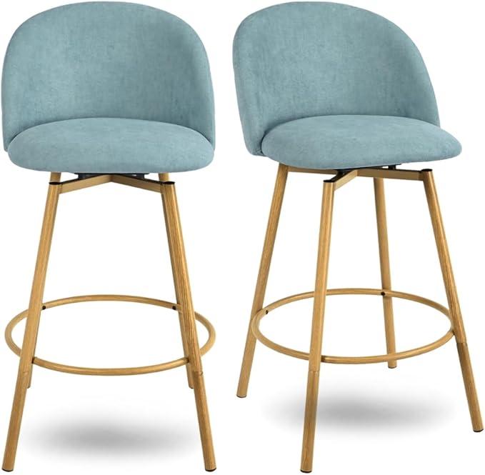 Homy Casa 27.6" Velvet Bar Stool Set of 2 – Soft Cloud-Touch Seat with Curved Back, Wood Grain Metal Legs & Armless Design for Kitchen Island or Home Bar, Aqua