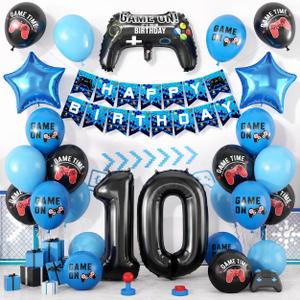 10th Birthday Decorations for Boys,Video Game Birthday Party Decoration with Blue Black Balloons Controller Foil Balloons Number 10 Balloon Happy Birthday Banner for Boys Game Theme Party Decor, 12/18inches