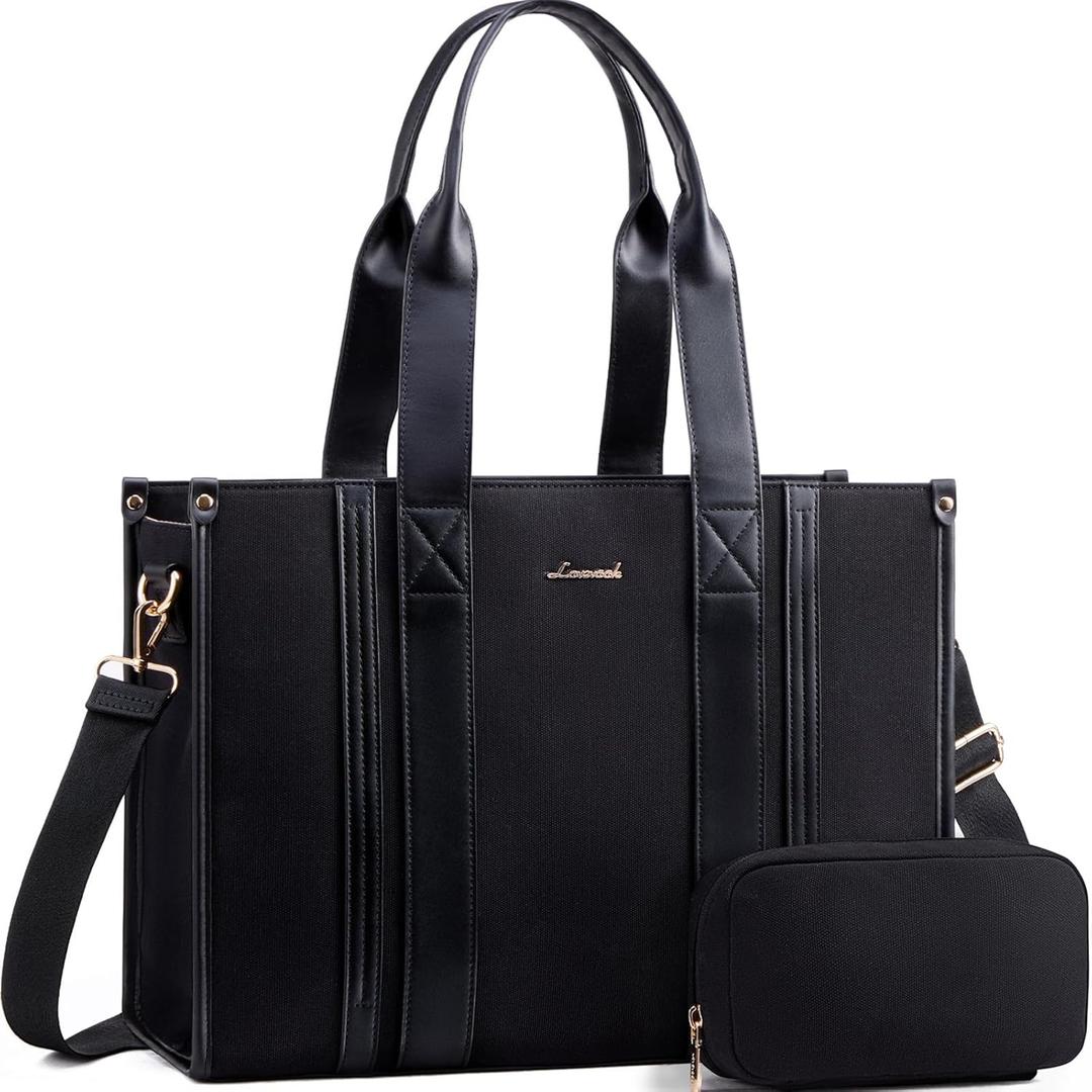 LOVEVOOK laptop bag for women 15.6 inch large Lightweight canvas work tote bags with Clutch Purse water resistant computer bags for laptops for women Business Office Travel college Casual, black